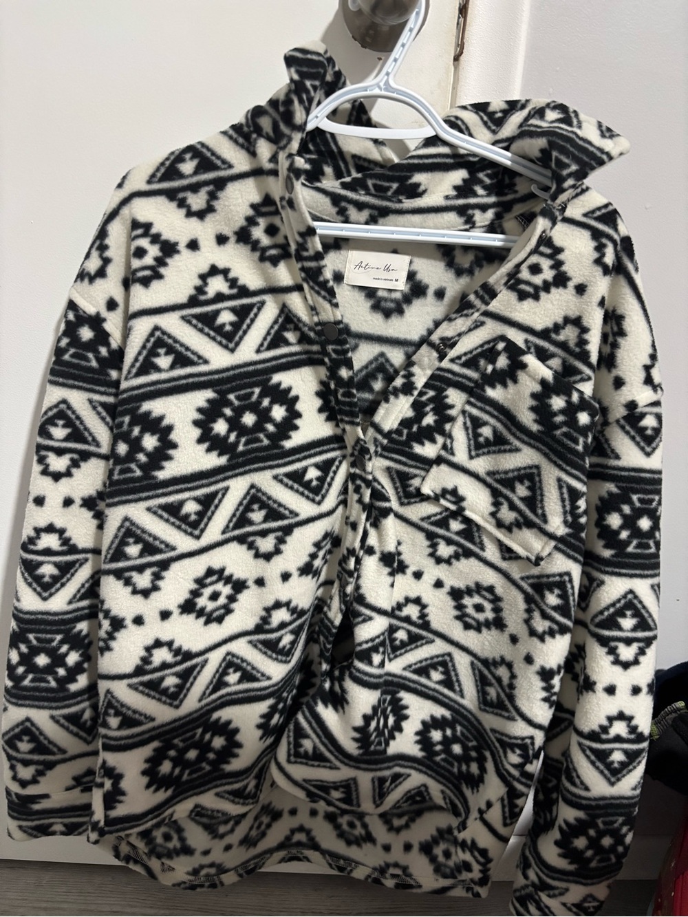 Modern Aztec Fleece Button-Up Cardigan in Black and White
